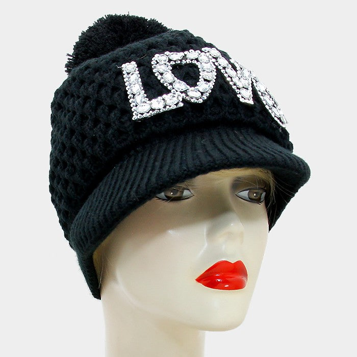 HATEGORY "Love" Bling Crystal Knit Pom Pom Hat