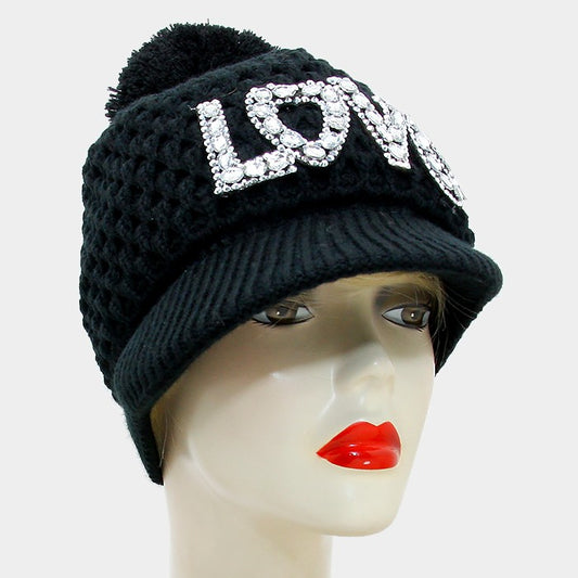 HATEGORY "Love" Bling Crystal Knit Pom Pom Hat