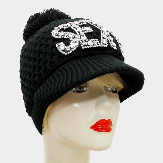 HATEGORY "Sexy" Bling Crystal Knit Pom Pom Hat