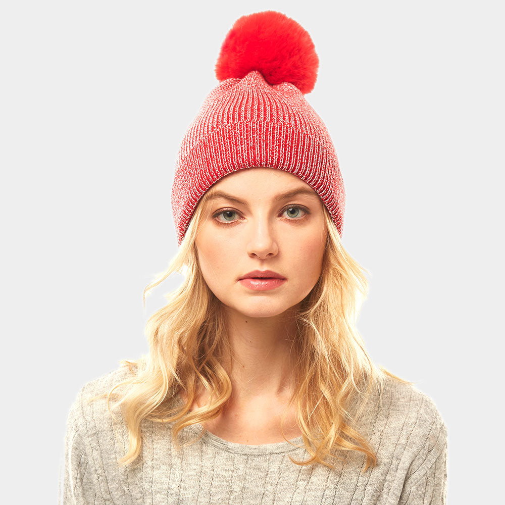 HATEGORY Metallic Thread Pom Pom Beanie Hat