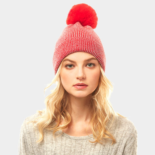 HATEGORY Metallic Thread Pom Pom Beanie Hat
