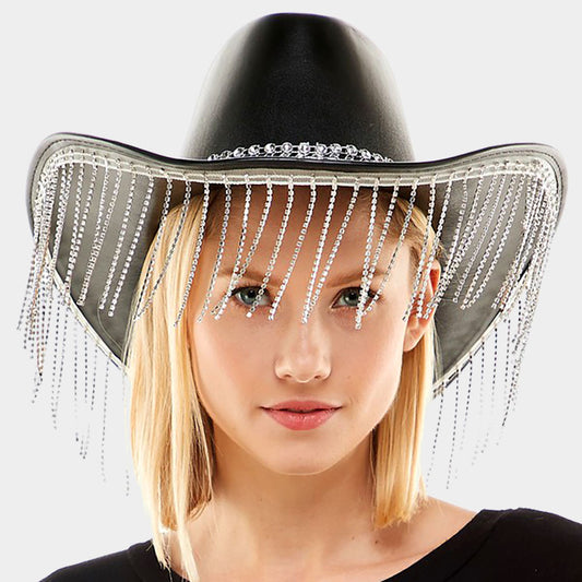 HATEGORY Faux Leather Cowboy Hat With Diamante Fringe