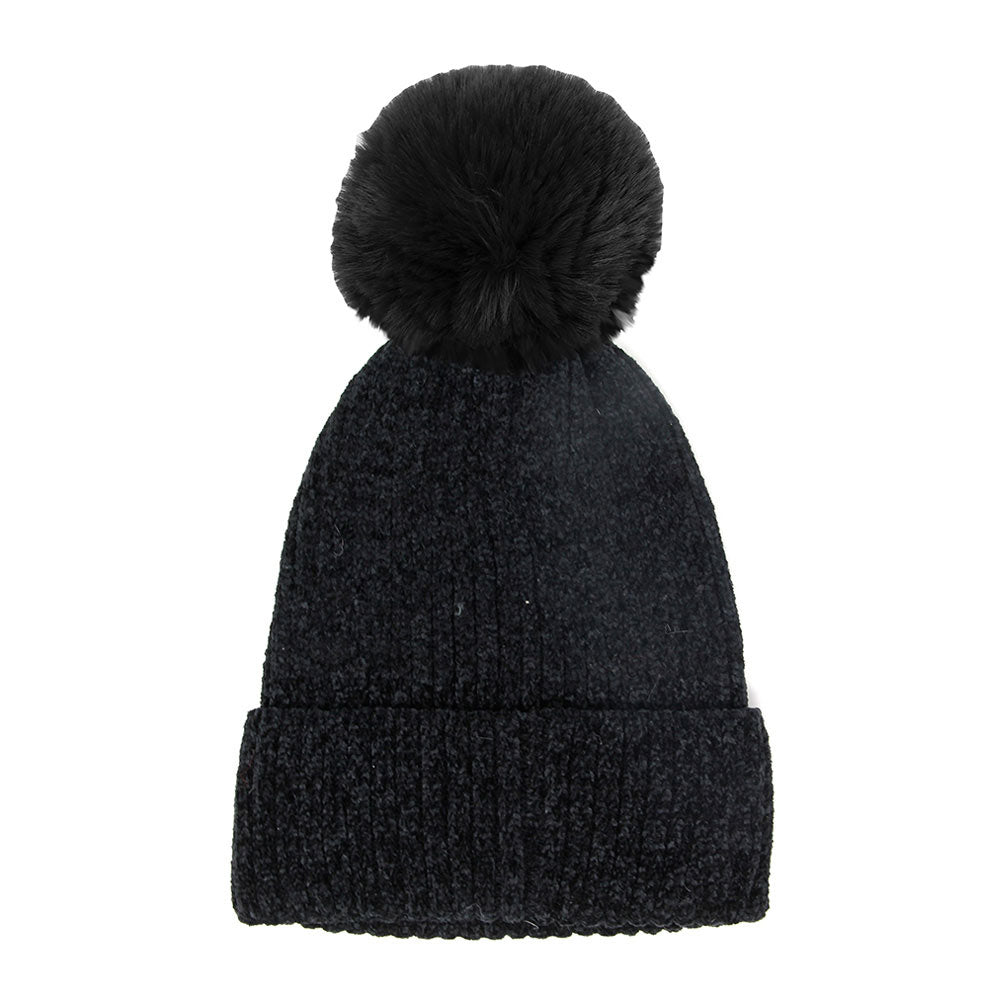 HATEGORY Solid Chenille Pom Pom Beanie Hat