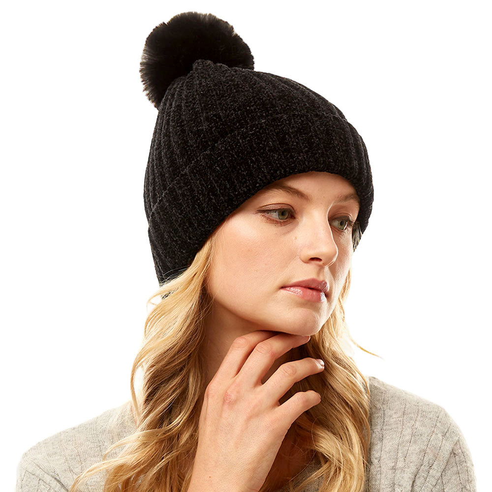 HATEGORY Solid Chenille Pom Pom Beanie Hat