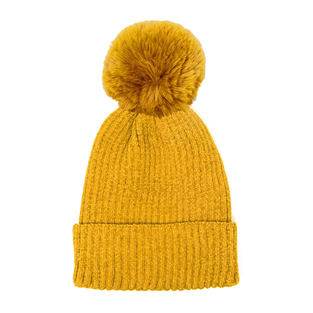 HATEGORY Solid Chenille Pom Pom Beanie Hat
