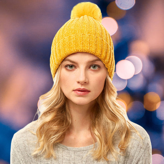 HATEGORY Solid Chenille Pom Pom Beanie Hat