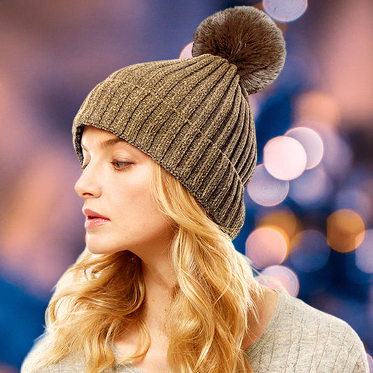 HATEGORY Solid Chenille Pom Pom Beanie Hat