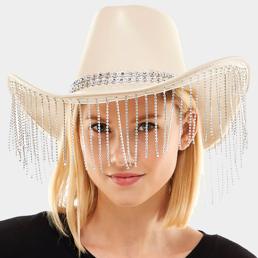 HATEGORY Faux Leather Cowboy Hat With Diamante Fringe