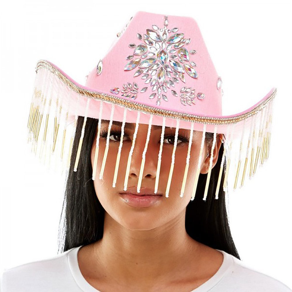 HATEGORY Bead Fringed Stone Embellished Hat