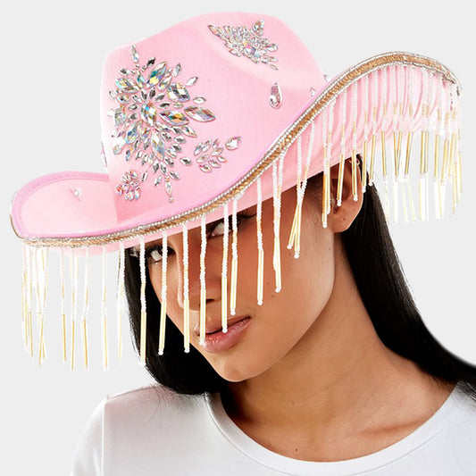 HATEGORY Bead Fringed Stone Embellished Hat