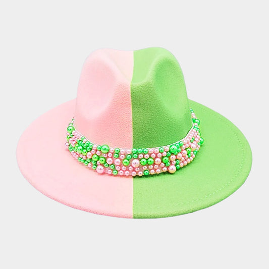 HATEGORY Pearl Embellished Band Pointed Color Block Fedora Hat