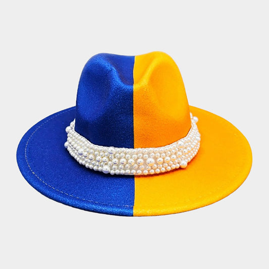 HATEGORY Pearl Embellished Band Pointed Color Block Fedora Hat