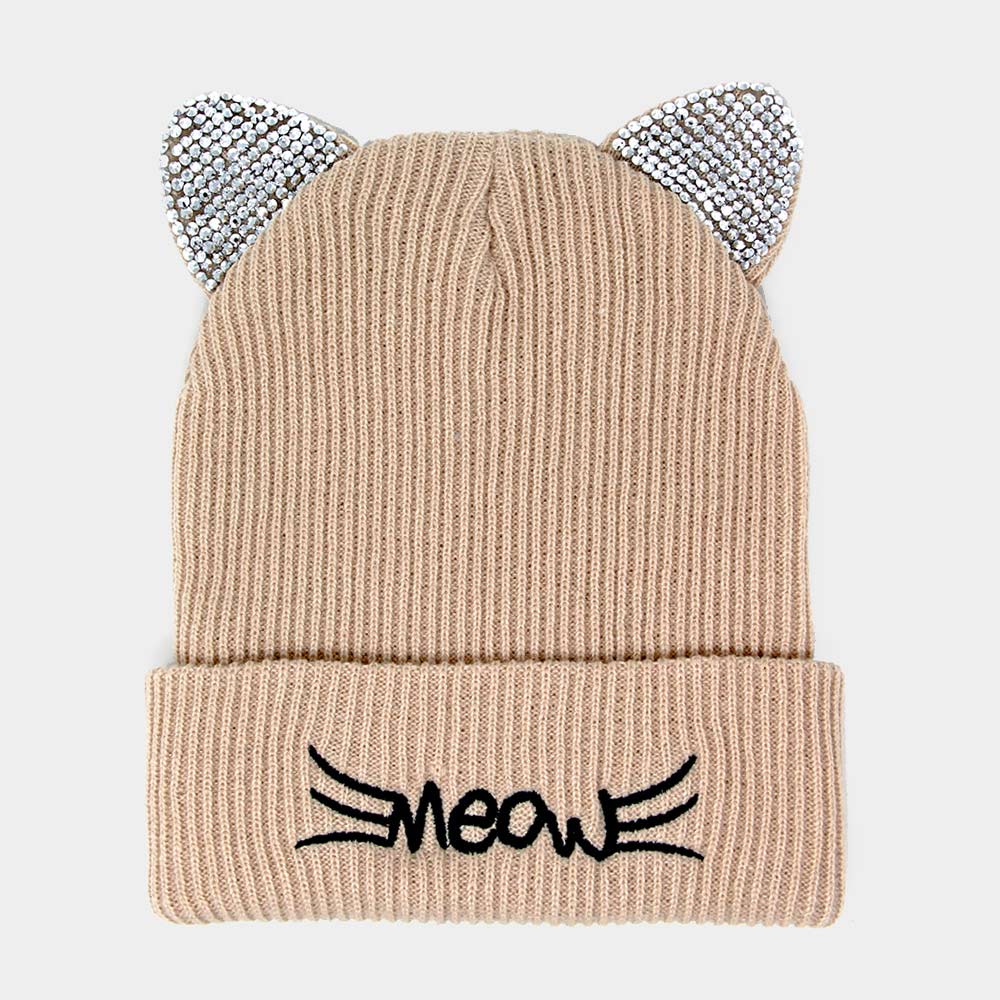 HATEGORY Meow Stone Cat Ear Solid Beanie Hat