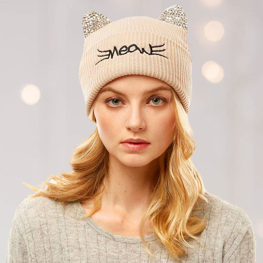HATEGORY Meow Stone Cat Ear Solid Beanie Hat