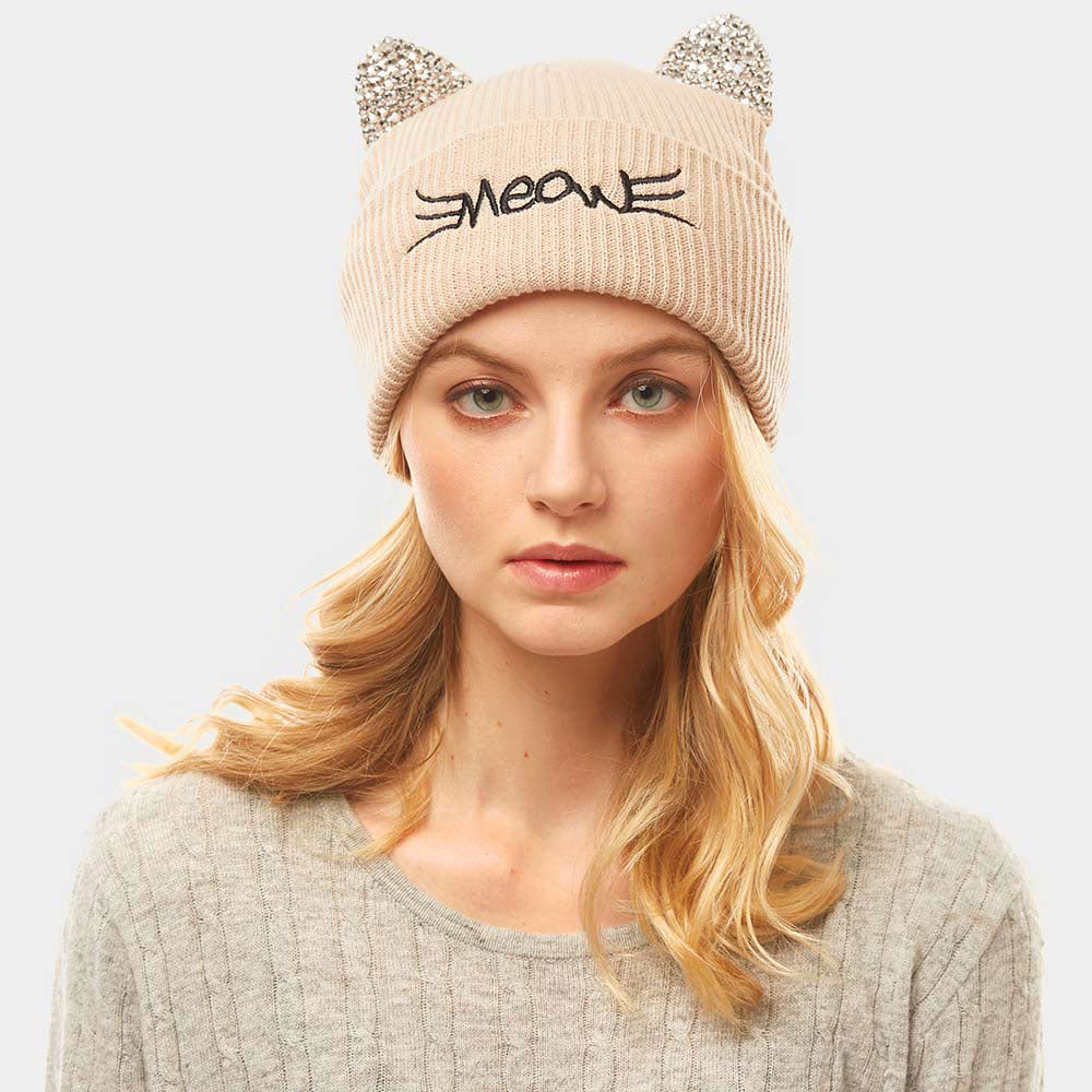 HATEGORY Meow Stone Cat Ear Solid Beanie Hat