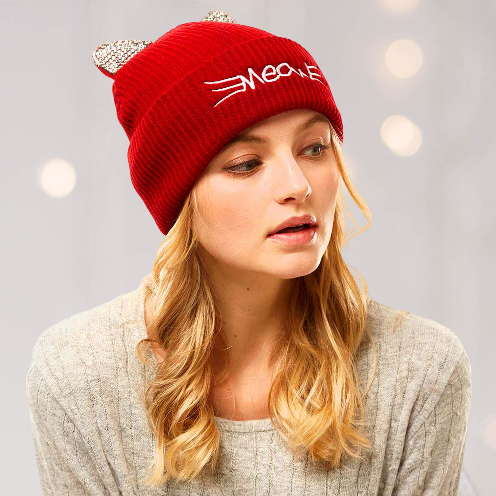 HATEGORY Meow Stone Cat Ear Solid Beanie Hat