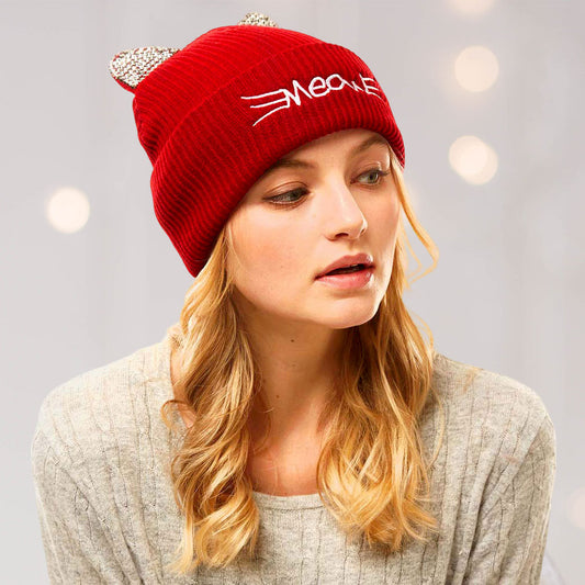 HATEGORY Meow Stone Cat Ear Solid Beanie Hat