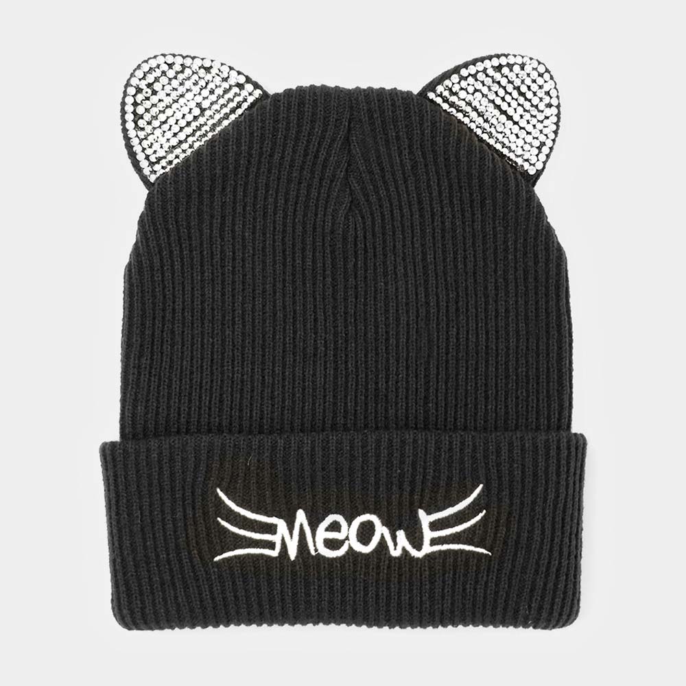 HATEGORY Meow Stone Cat Ear Solid Beanie Hat
