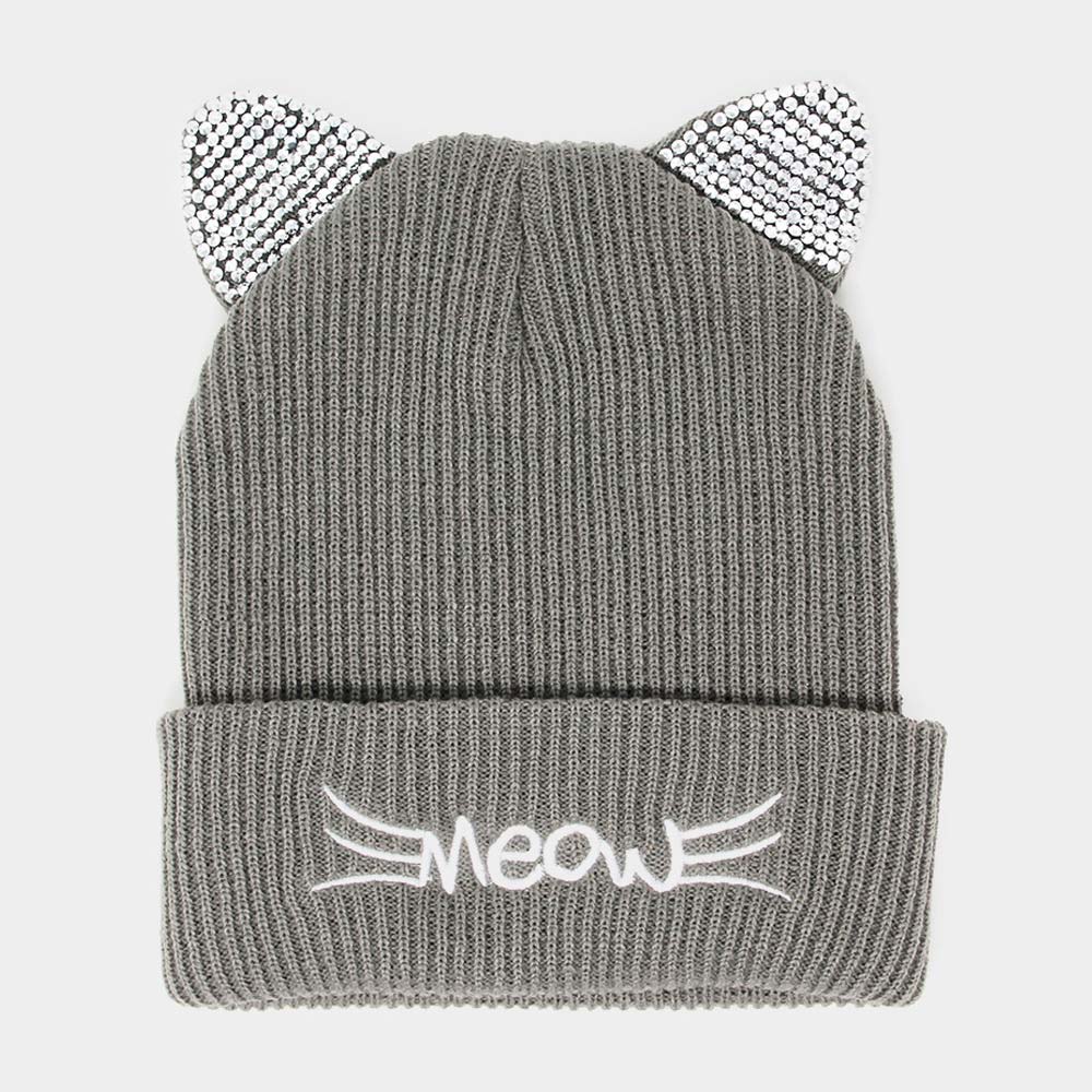 HATEGORY Meow Stone Cat Ear Solid Beanie Hat