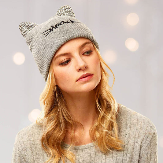 HATEGORY Meow Stone Cat Ear Solid Beanie Hat