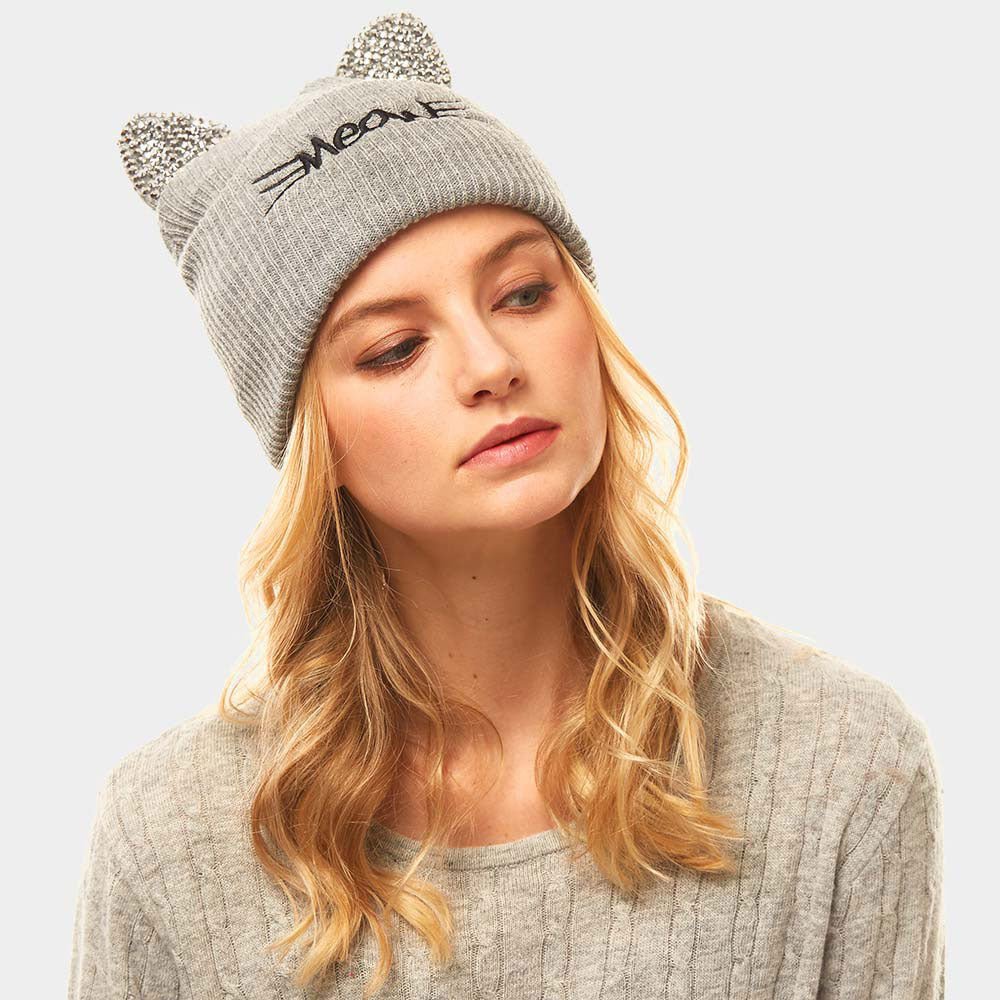 HATEGORY Meow Stone Cat Ear Solid Beanie Hat