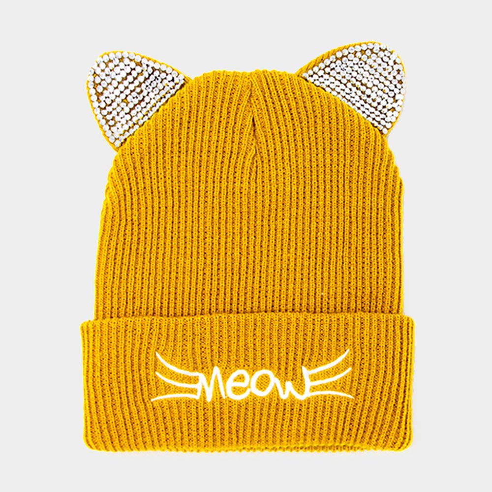 HATEGORY Meow Stone Cat Ear Solid Beanie Hat