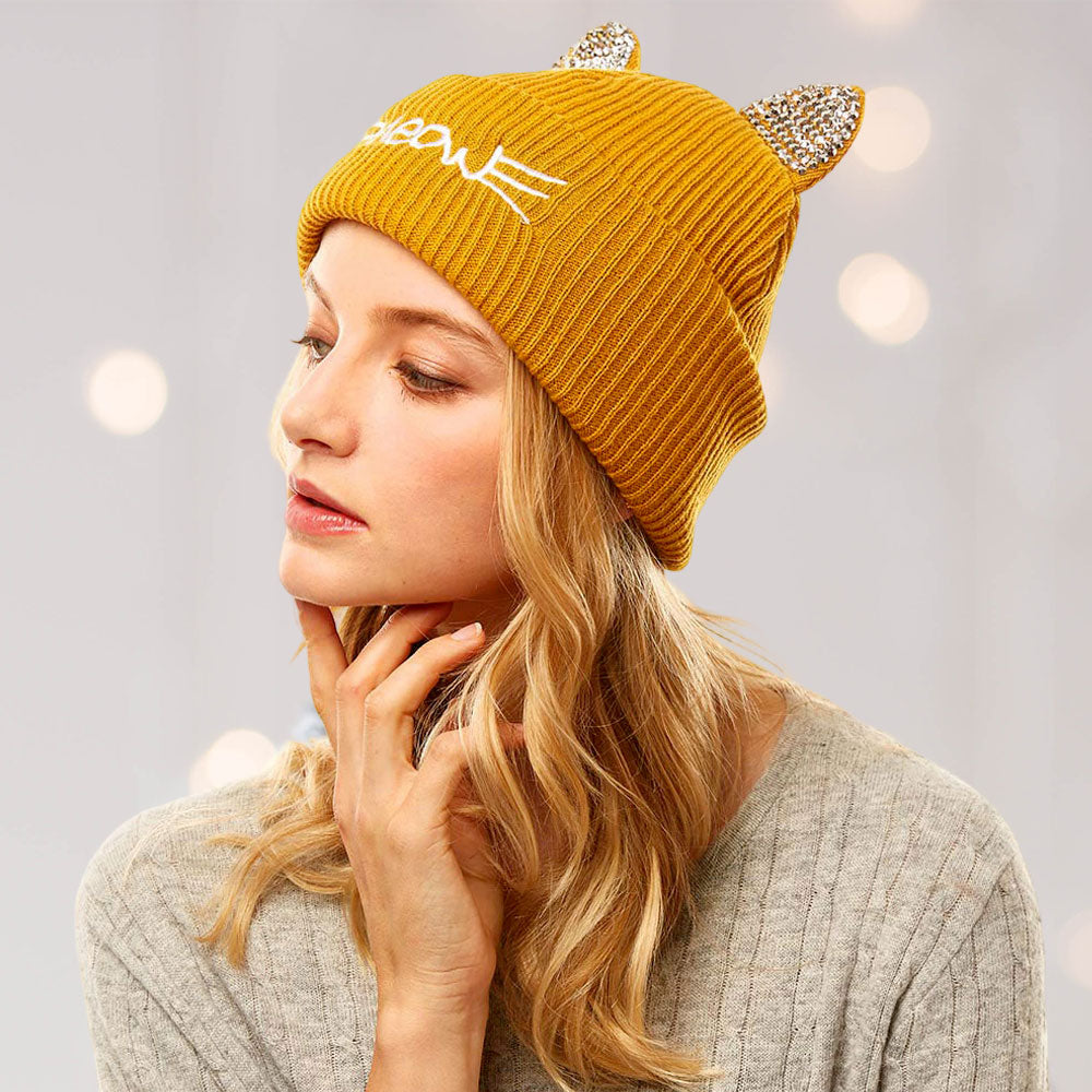 HATEGORY Meow Stone Cat Ear Solid Beanie Hat