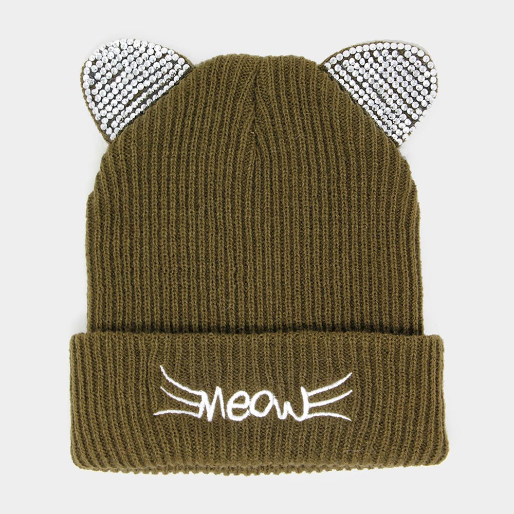 HATEGORY Meow Stone Cat Ear Solid Beanie Hat