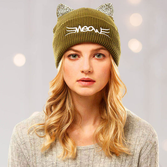 HATEGORY Meow Stone Cat Ear Solid Beanie Hat