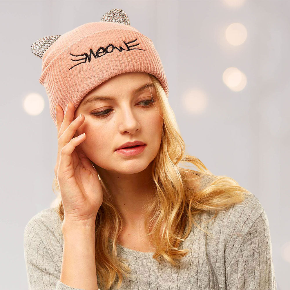 HATEGORY Meow Stone Cat Ear Solid Beanie Hat