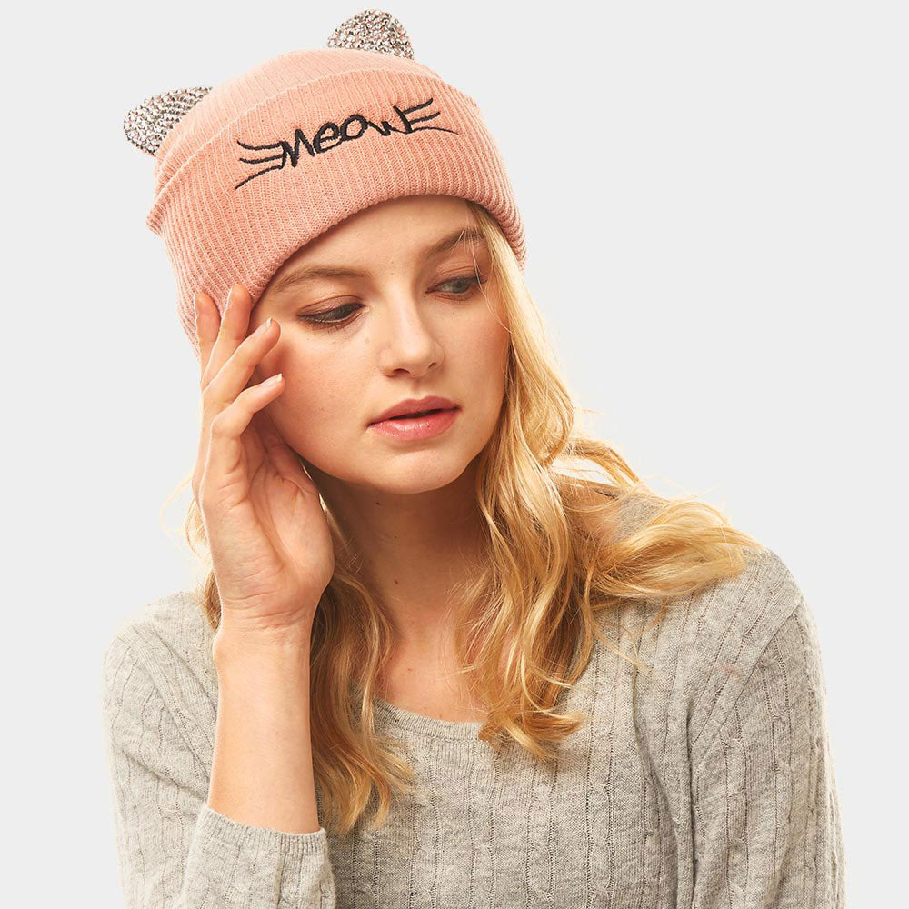 HATEGORY Meow Stone Cat Ear Solid Beanie Hat