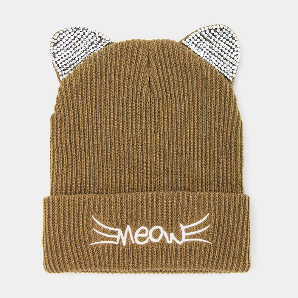 HATEGORY Meow Stone Cat Ear Solid Beanie Hat