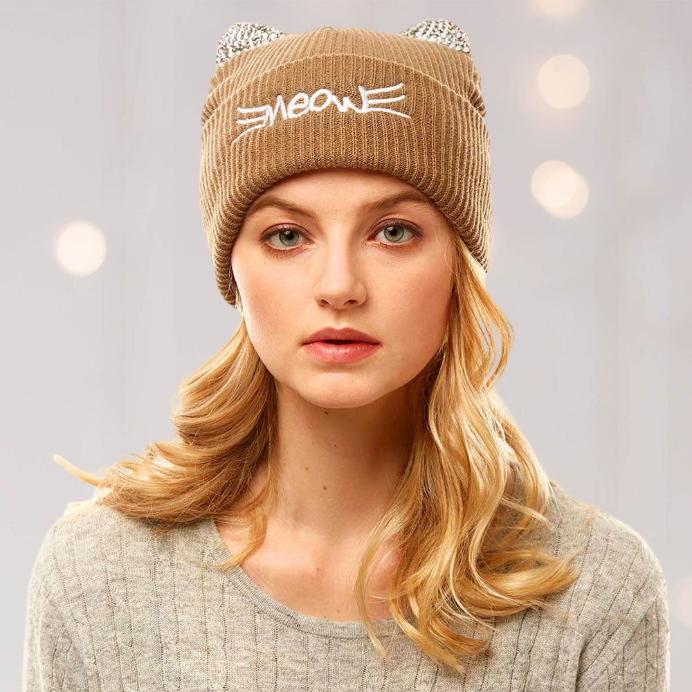 HATEGORY Meow Stone Cat Ear Solid Beanie Hat