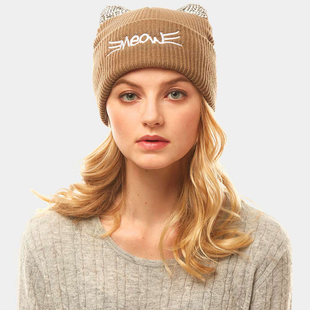 HATEGORY Meow Stone Cat Ear Solid Beanie Hat