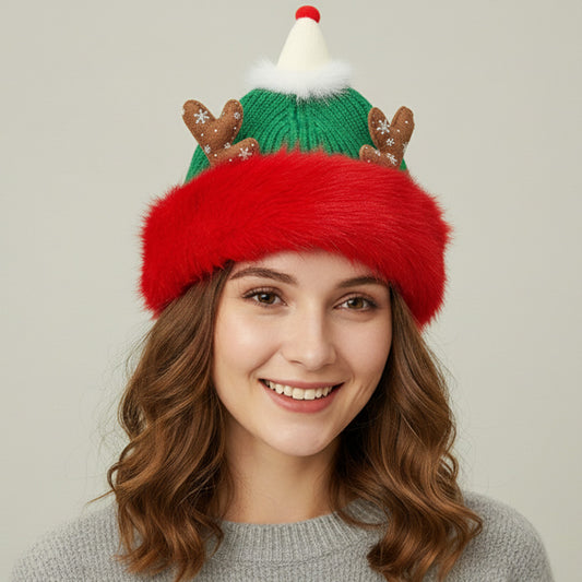 HATEGORY Fuzzy Fur Antlers Accent Christmas Knit Beanie Hat