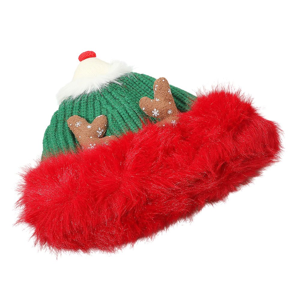 HATEGORY Fuzzy Fur Antlers Accent Christmas Knit Beanie Hat