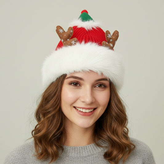 HATEGORY Fuzzy Fur Antlers Accent Christmas Knit Beanie Hat