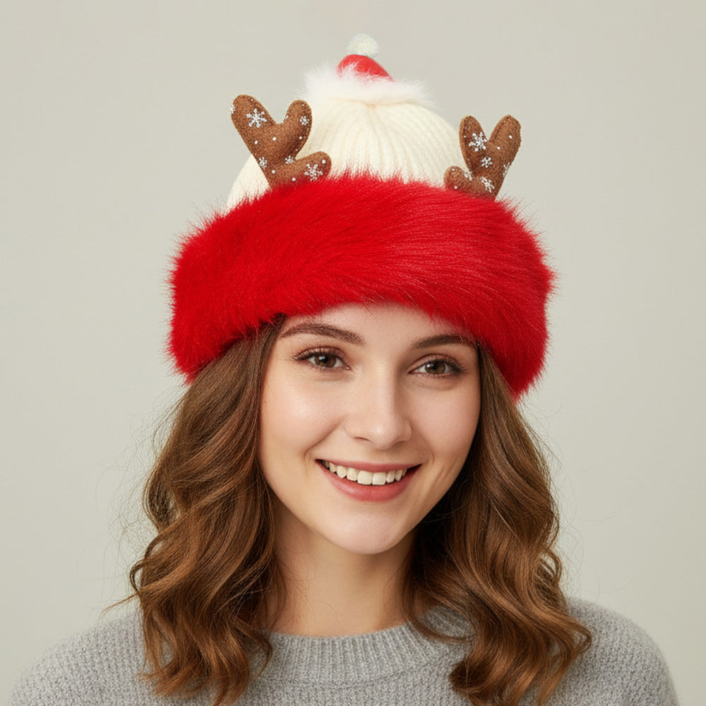 HATEGORY Fuzzy Fur Antlers Accent Christmas Knit Beanie Hat