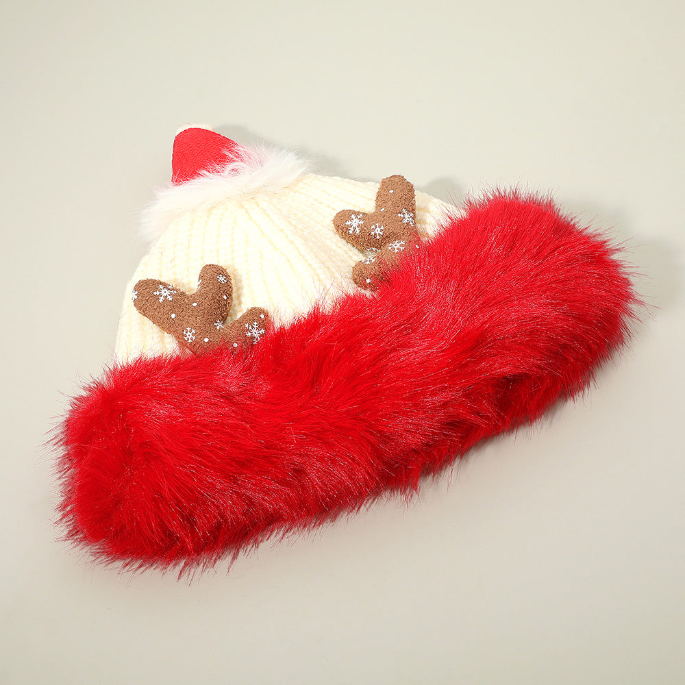 HATEGORY Fuzzy Fur Antlers Accent Christmas Knit Beanie Hat