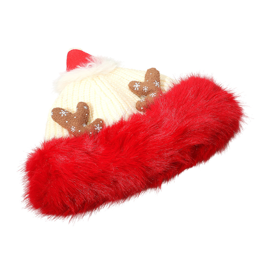HATEGORY Fuzzy Fur Antlers Accent Christmas Knit Beanie Hat