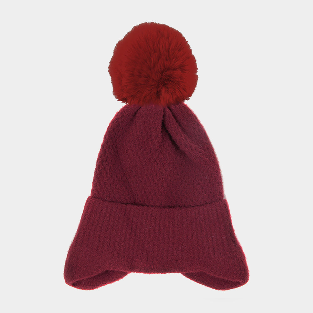 HATEGORY Solid Earflap Knit Pom Pom Beanie Hat