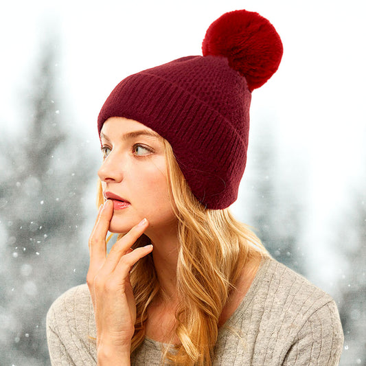 HATEGORY Solid Earflap Knit Pom Pom Beanie Hat