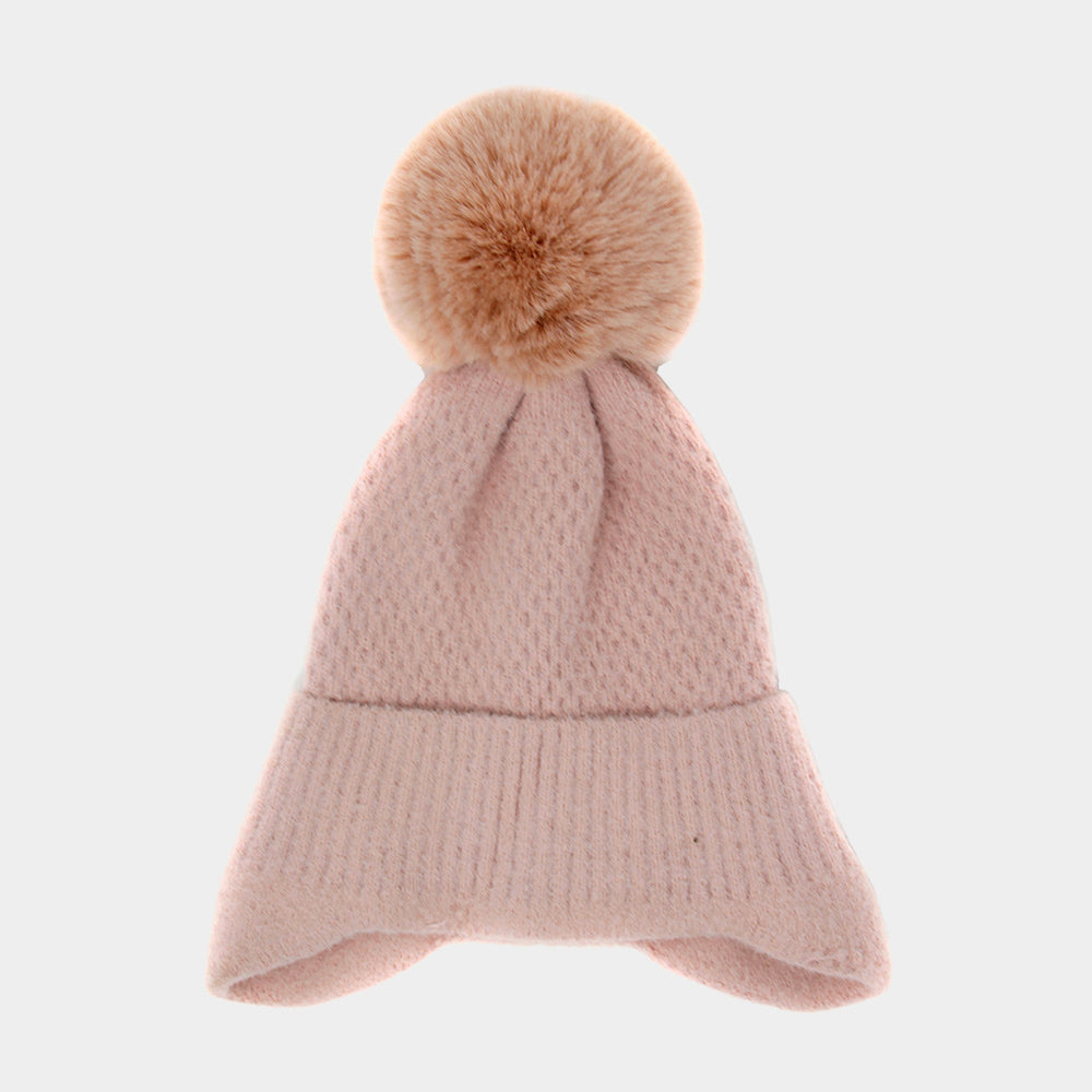 HATEGORY Solid Earflap Knit Pom Pom Beanie Hat