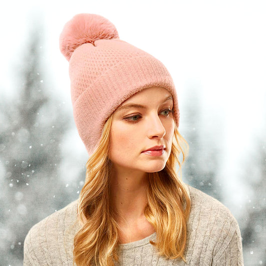 HATEGORY Solid Earflap Knit Pom Pom Beanie Hat