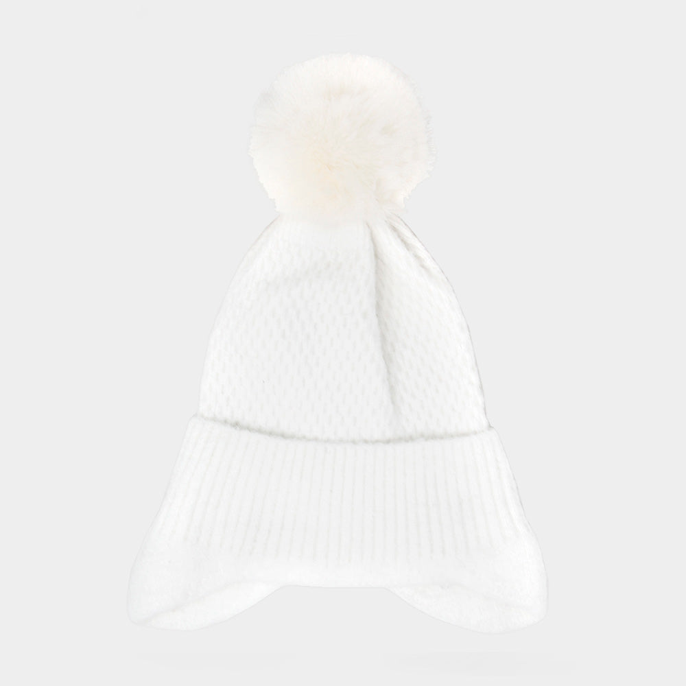 HATEGORY Solid Earflap Knit Pom Pom Beanie Hat