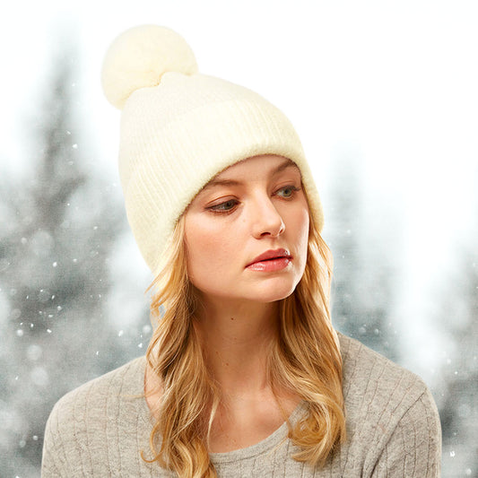 HATEGORY Solid Earflap Knit Pom Pom Beanie Hat
