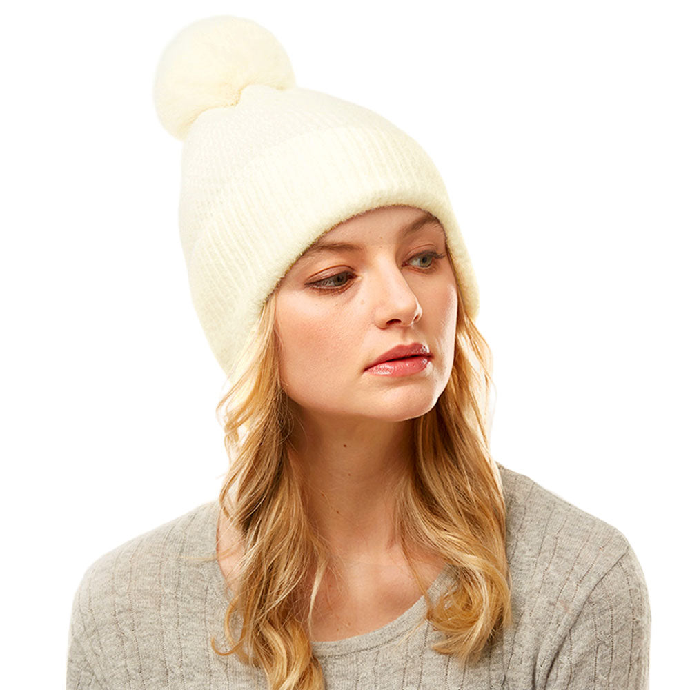 HATEGORY Solid Earflap Knit Pom Pom Beanie Hat