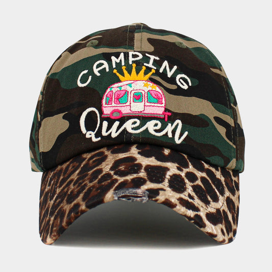 HATEGORY CAMPING QUEEN Message Leopard Vintage Baseball Cap