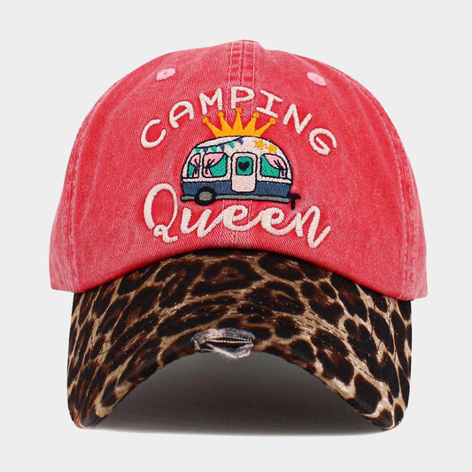 HATEGORY CAMPING QUEEN Message Leopard Vintage Baseball Cap