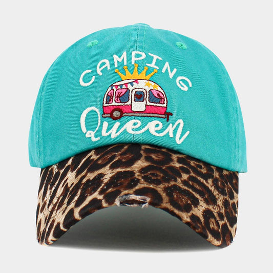 HATEGORY CAMPING QUEEN Message Leopard Vintage Baseball Cap